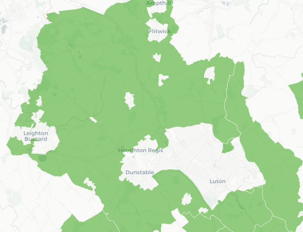 Map showing the areas of Green Belt land in Bedfordshire.