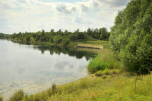 Low light coloured curving wall next to a lake.
