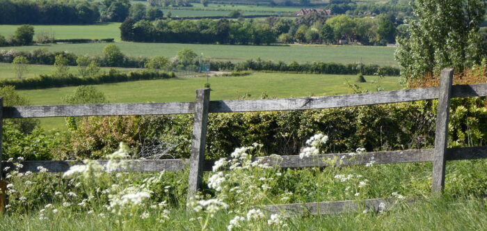 A countryside scene looking towards tall brick pit chimneys in the distance.