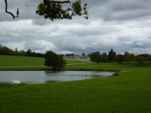 Woburn Abbey seen from across the lake.