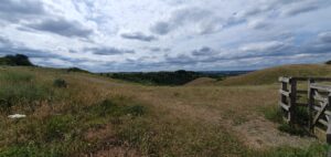 A field leads to a view of hills and woodland. The sky is full of moving clouds.