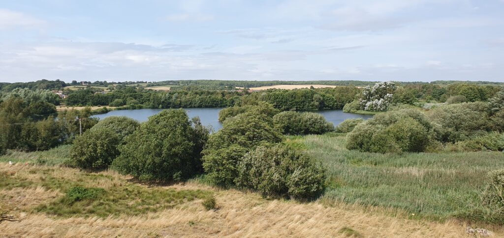 A lake set in a landscape of grassland, trees and scrub.