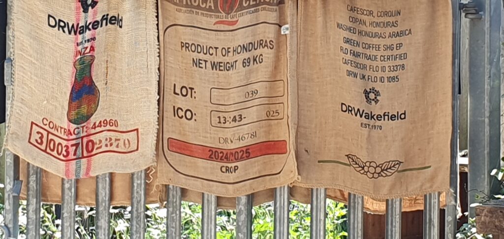 Details of coffee bean sacks showing their Fairtrade origins.