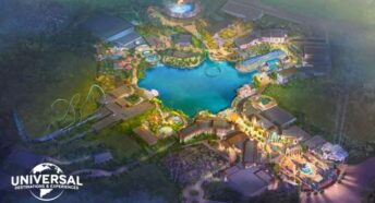 Conceptual artist's image of birds-eye view of Universal Destinations and Experience park, Bedfordshire