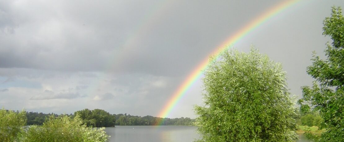 Rainbow over a lake in parkland