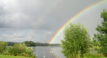 Rainbow over a lake in parkland