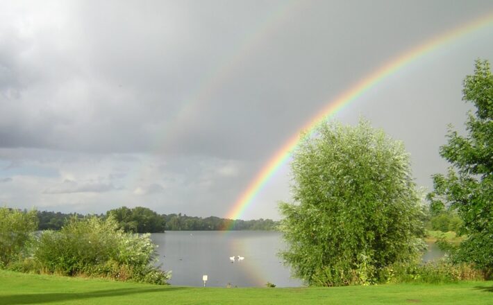 Rainbow over a lake in parkland