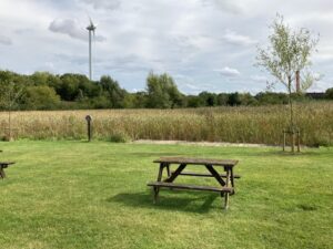 View from picnic area as visitor centre Marston Forest Centre, towards the lake