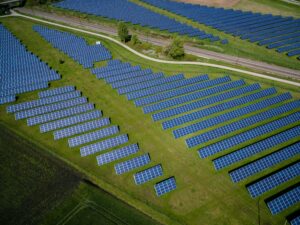 Aerial view of solar panels installed in fields