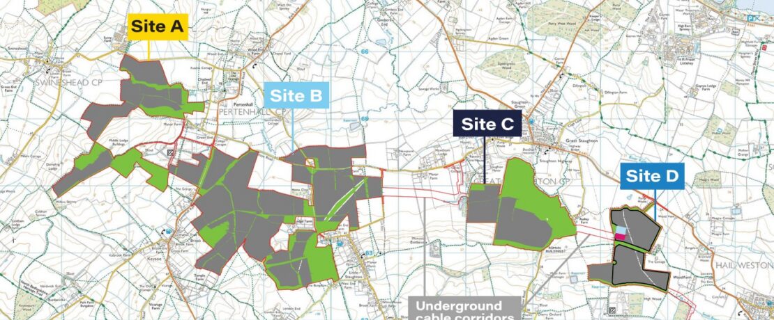 Map of North Bedfordshire with shaded areas showing proposed locations of solar panels and solar infrastructure