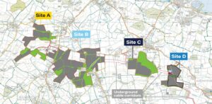 Map of North Bedfordshire with shaded areas showing proposed locations of solar panels and solar infrastructure