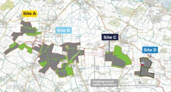 Map of North Bedfordshire with shaded areas showing proposed locations of solar panels and solar infrastructure