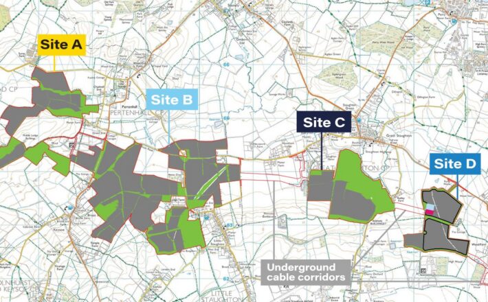 Map of North Bedfordshire with shaded areas showing proposed locations of solar panels and solar infrastructure