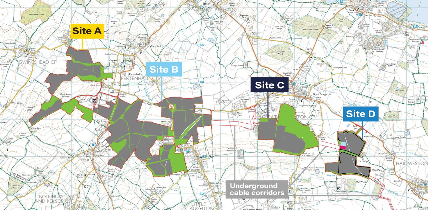 Map of North Bedfordshire with shaded areas showing proposed locations of solar panels and solar infrastructure